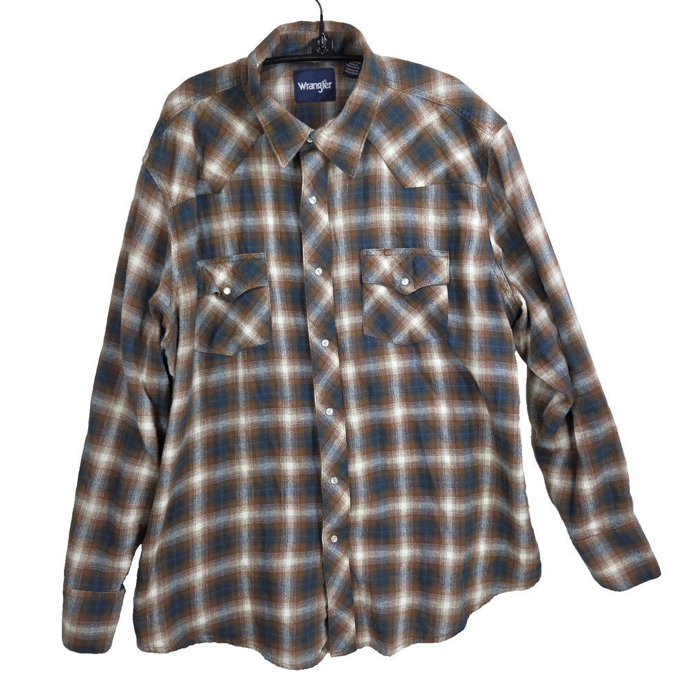 Wrangler Mens XXL Plaid Western Pearl Snap Long Sleeve Shirt 100% Cotton Hiker